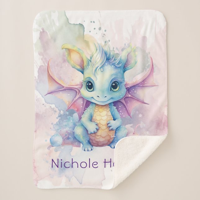 Watercolor Pastel Dragon Girl Baby Shower Gift Sherpa Blanket (Front)