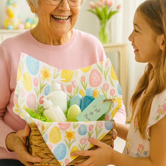Watercolor Pastel Easter Eggs Tulip Pattern  Tissue Paper (Easter joy in full bloom Nana receives a pastel gift basket lined with our charming tissue paper.)