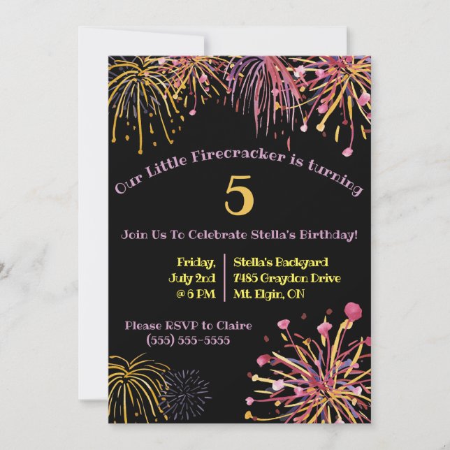 Watercolor Pastel Firecracker, Fireworks Birthday  Invitation (Front)