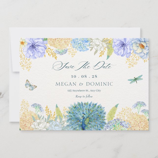 Watercolor pastel floral bird butterfly wedding  save the date (Front)