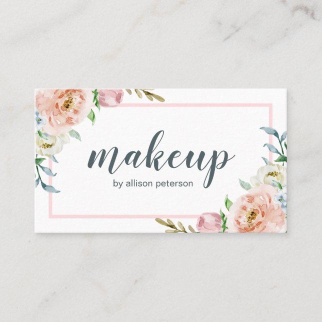 Watercolor Pastel Floral Frame Pink & White Business Card (Front)