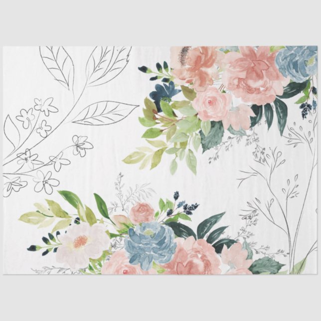 Watercolor pastel floral painted peonies foliage tissue paper (Front)