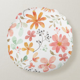 Watercolor Pastel Floral Pattern, Tranquillity, Round Cushion