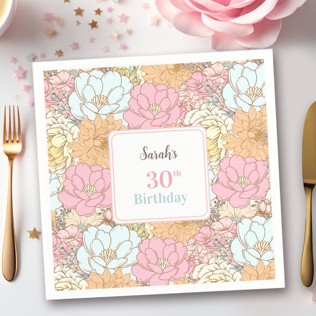 Watercolor Pastel Floral Pink 30th Birthday Napkin (Watercolor Pastel Floral Pink 30th Birthday Napkins)