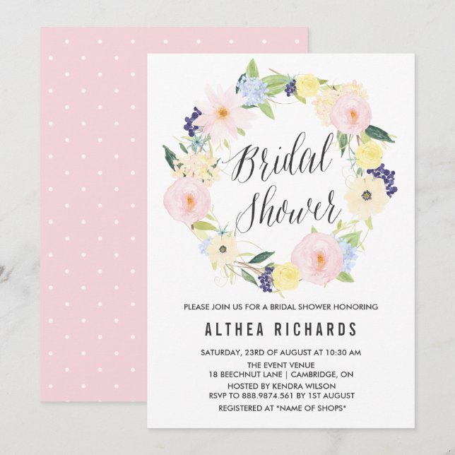 Watercolor Pastel Floral Wreath Bridal Shower Invitation (Front/Back)