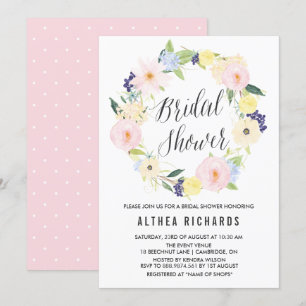 Watercolor Pastel Floral Wreath Bridal Shower Invitation