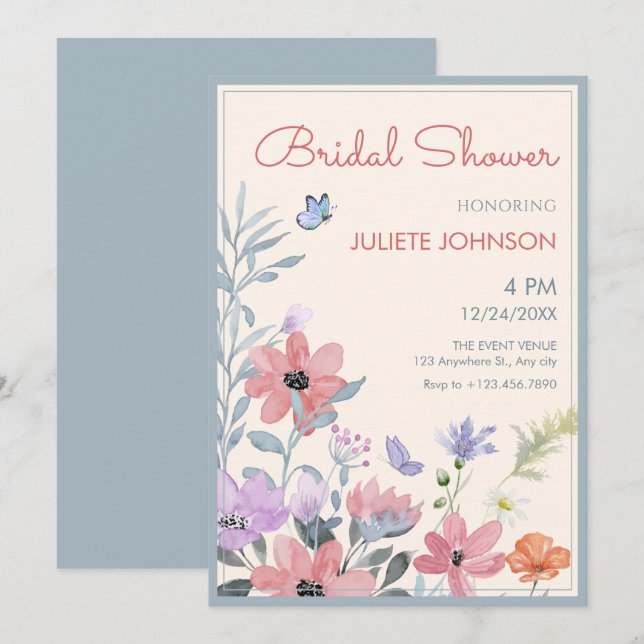 Watercolor pastel flowers butterfly bridal shower invitation (Front/Back)