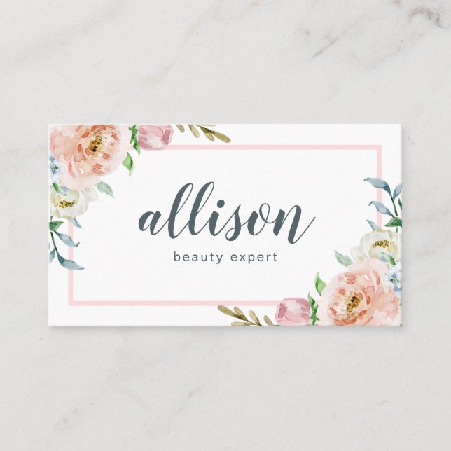Watercolor Pastel Flowers Frame Pink & White Business Card (Front)