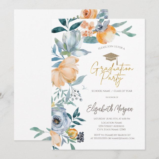 Watercolor Pastel Flowers Graduation Party Invitation (Front/Back)