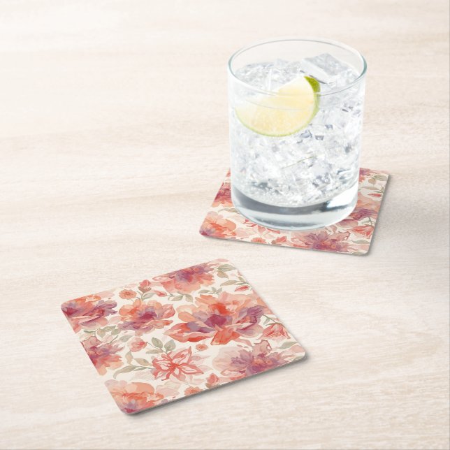 Watercolor Pastel Flowers Light Orange Square Paper Coaster (Insitu)