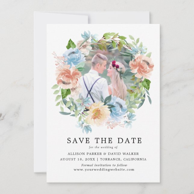 Watercolor Pastel Garden Photo Save the Date Card (Front)