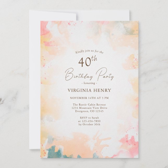 Watercolor Pastel Gold 40th Birthday Party Invitation (Front)
