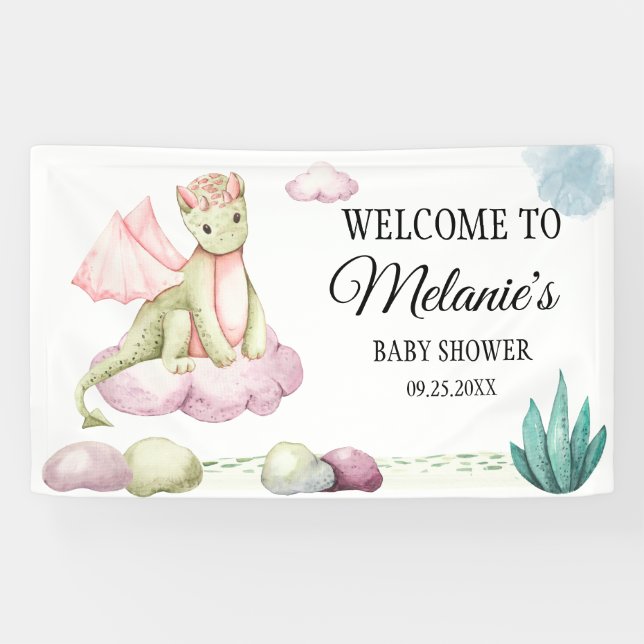 Watercolor Pastel Green Dragon on a Pink Cloud Banner (Horizontal)