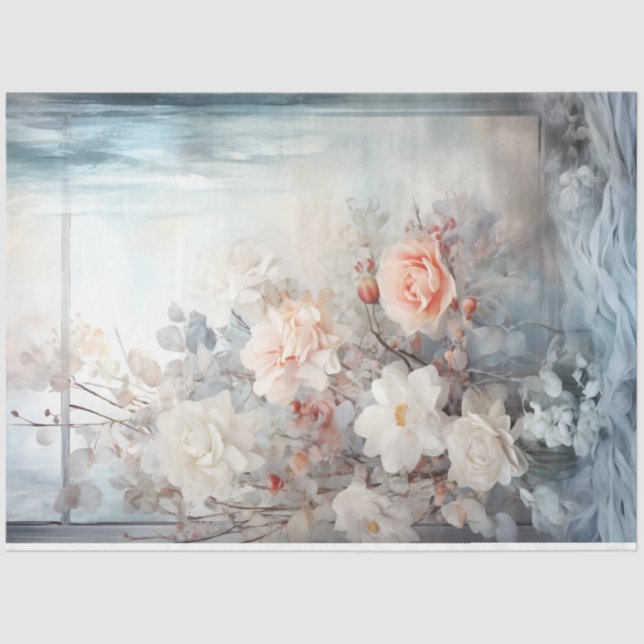 Watercolor pastel green peach blush white flowers tissue paper (Front)