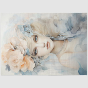 Watercolor pastel green peach retro woman portrait tissue paper