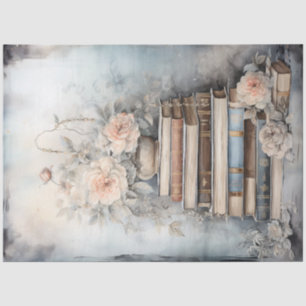 Watercolor pastel green peach vintage books floral tissue paper