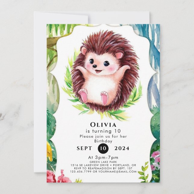 Watercolor Pastel Hedgehog Birthday Invitation (Front)