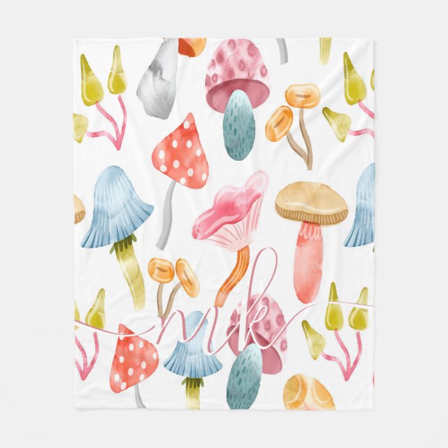  Watercolor Pastel Mushrooms Fleece Blanket (Front)