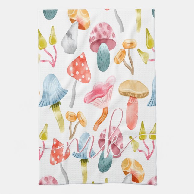  Watercolor Pastel Mushrooms Tea Towel (Vertical)