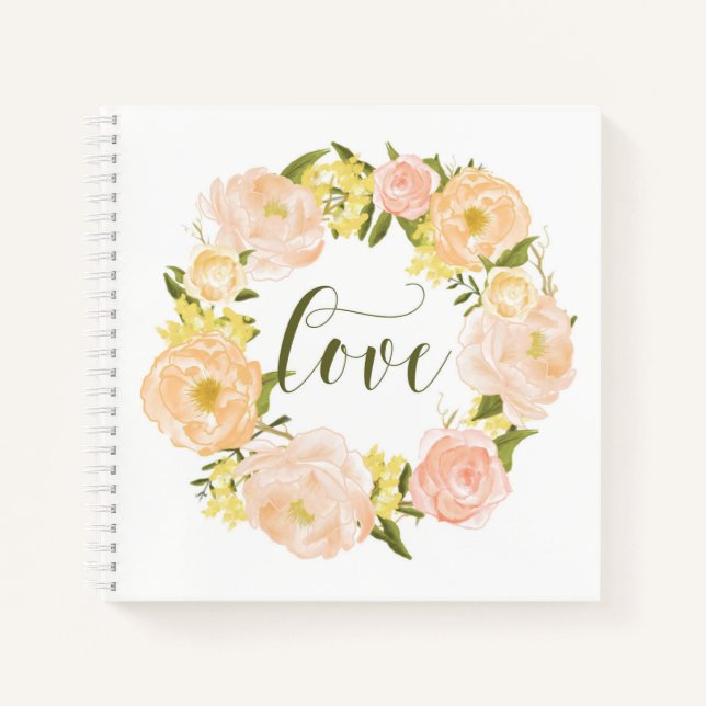 Watercolor Pastel Orange Peonies Wreath Love Notebook (Front)