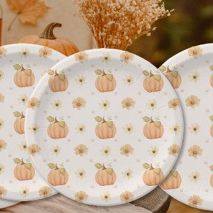 Watercolor Pastel Orange Pumpkin Floral Pattern  Paper Plate