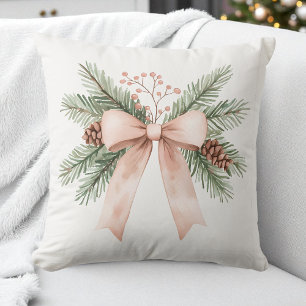 Watercolor Pastel Pink Beige Christmas Bow Pine Cushion