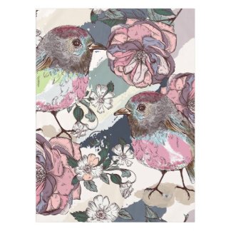 Watercolor Pastel Pink Birds and Flowers Tablecloth