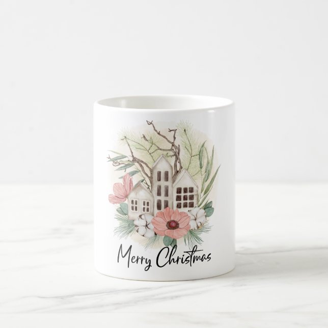 Watercolor Pastel Pink Brown Green Merry Christmas Coffee Mug (Center)