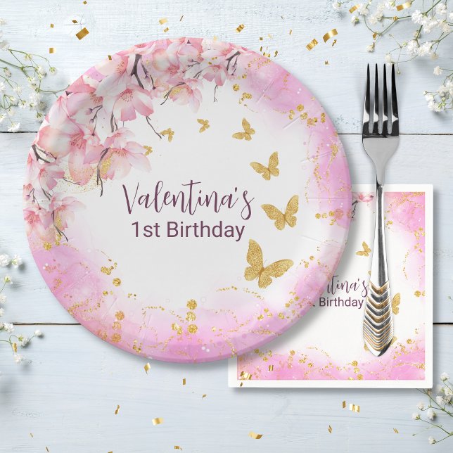 Watercolor Pastel Pink Flowers Gold Butterflies Paper Plate (Creator Uploaded)