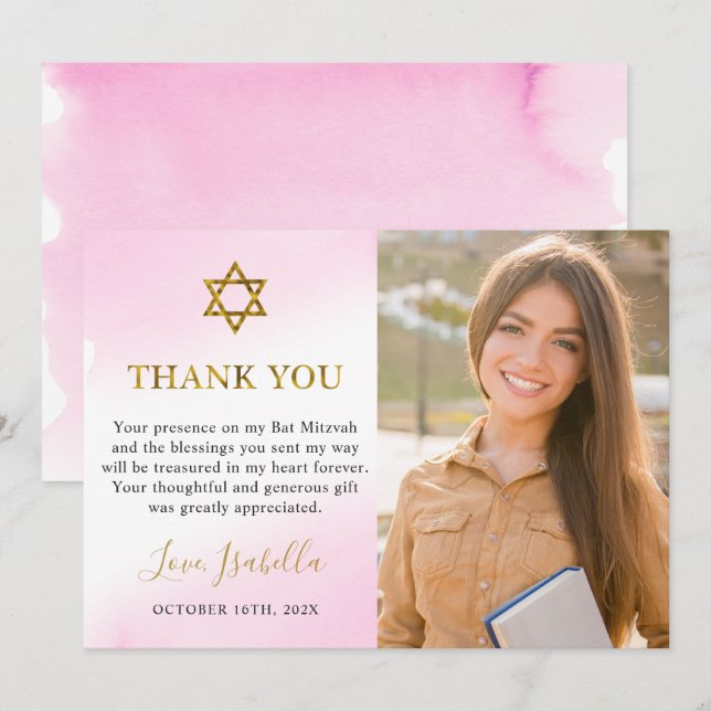 Watercolor Pastel Pink Gold Bat Mitzvah Photo Thank You Card (Front/Back)