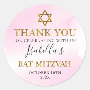 Watercolor Pastel Pink Gold Bat Mitzvah Thank You Classic Round Sticker