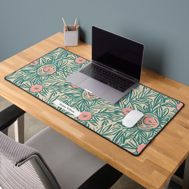 Watercolor Pastel Pink & Green Floral Pattern Desk Mat (Office 2)