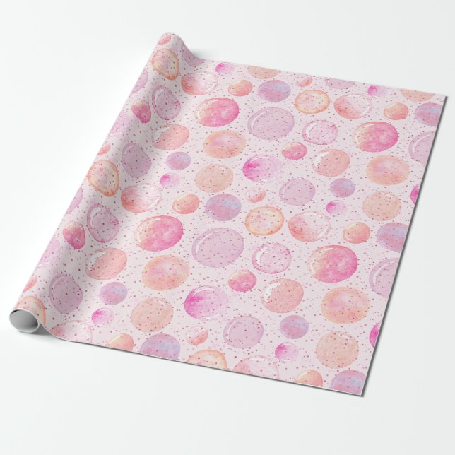 Watercolor Pastel Pink Peach Bubble Glitter Dots Wrapping Paper (Unrolled)