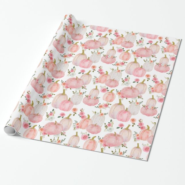 Watercolor Pastel Pink Pumpkin Roses Pattern Wrapping Paper (Unrolled)