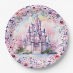 Watercolor Pastel Pink Unicorn and Fairy Castle Paper Plate