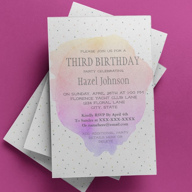 Watercolor Pastel Pretty Third Birthday Invitation (Creator Uploaded)