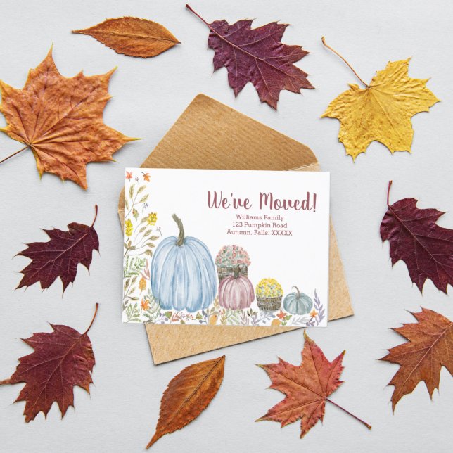Watercolor Pastel Pumpkins With Mums We've Moved Announcement Postcard (Creator Uploaded)