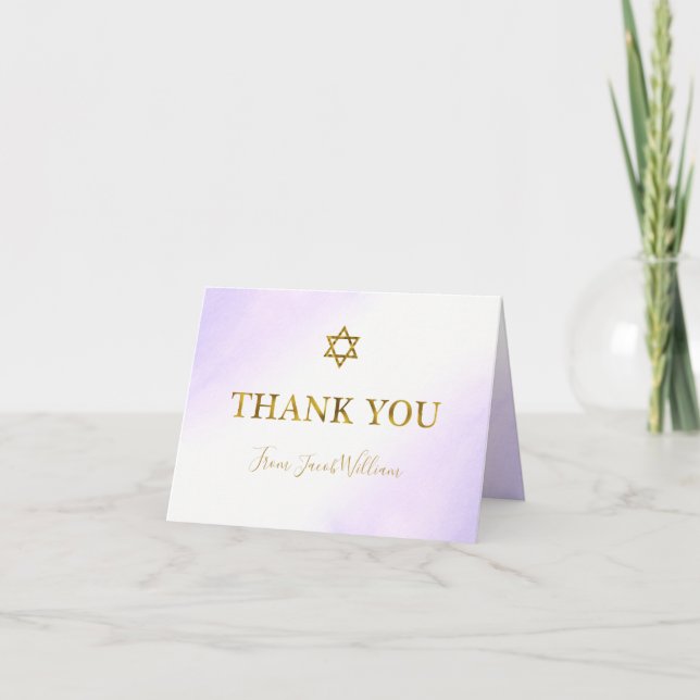 Watercolor Pastel Purple Gold Bar Mitzvah Thank You Card (Front)