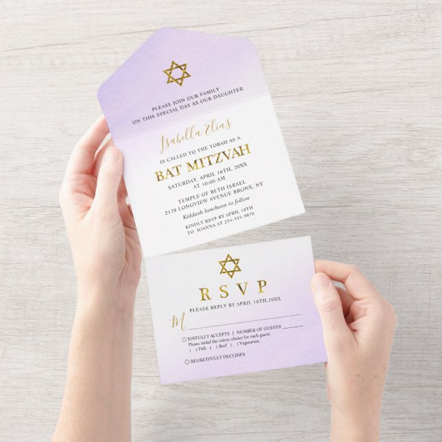 Watercolor Pastel Purple Gold Bat Mitzvah All In One Invitation (Tearaway)