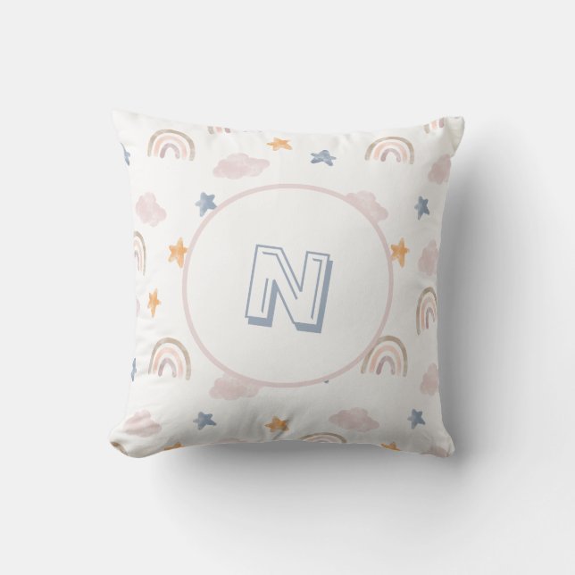 Watercolor Pastel Rainbow Cloud Stars Monogram Cushion (Front)