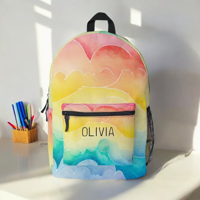 Watercolor Pastel Rainbow Clouds Monogram Printed Backpack (Creator Uploaded)