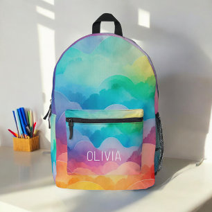 Watercolor Pastel Rainbow Clouds Monogram Printed Backpack