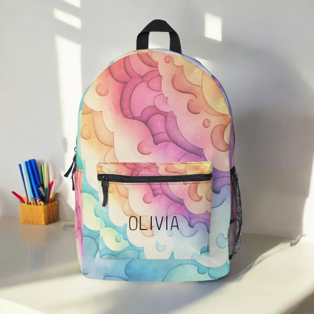 Watercolor Pastel Rainbow Clouds Monogram Printed Backpack (Creator Uploaded)