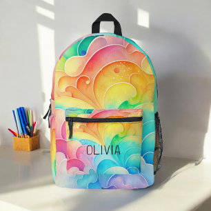 Watercolor Pastel Rainbow Clouds Monogram Printed Backpack