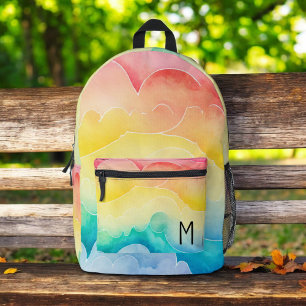 Watercolor Pastel Rainbow Clouds Monogram Printed Backpack
