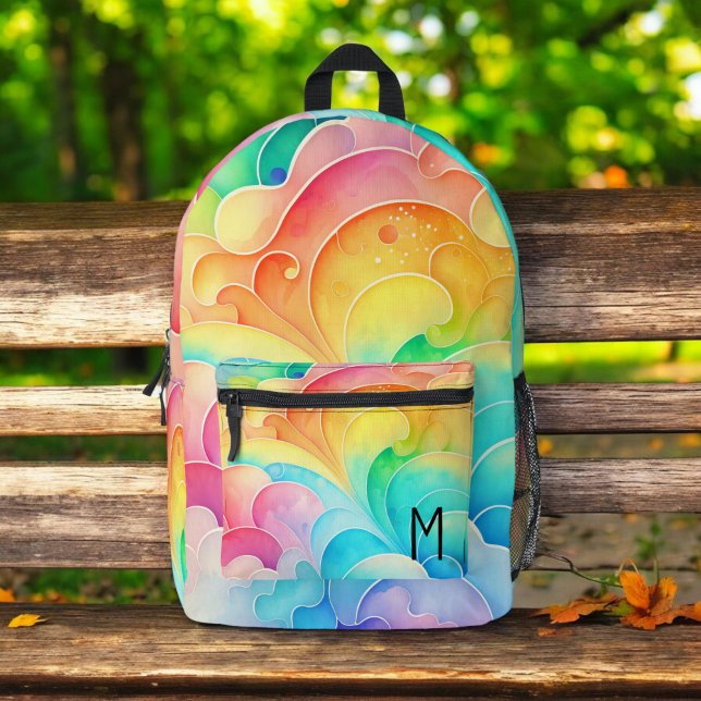 Watercolor Pastel Rainbow Clouds Monogram Printed Backpack (Creator Uploaded)