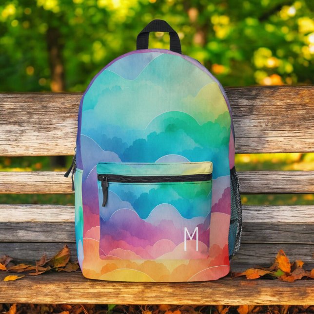 Watercolor Pastel Rainbow Clouds Monogram Printed Backpack (Creator Uploaded)
