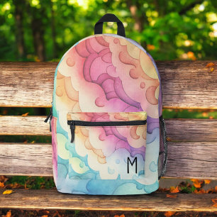 Watercolor Pastel Rainbow Clouds Monogram Printed Backpack