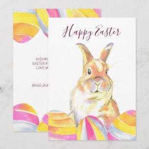 Watercolor Pastel Rainbow Easter Bunny Rabbit Holiday Card