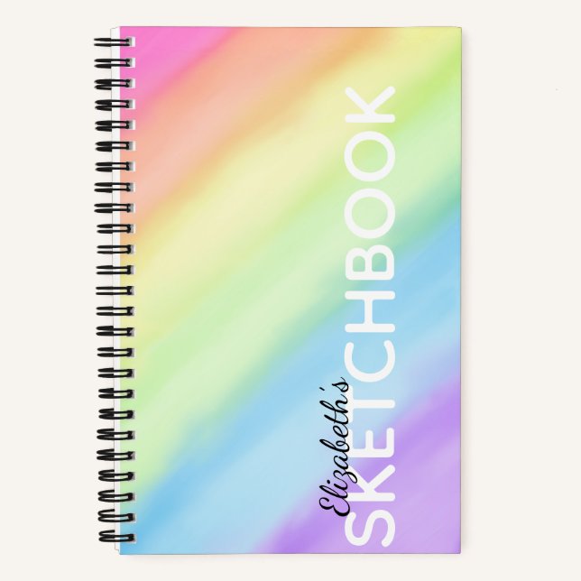 Watercolor Pastel Rainbow Gradient Name Sketchbook Notebook (Front)